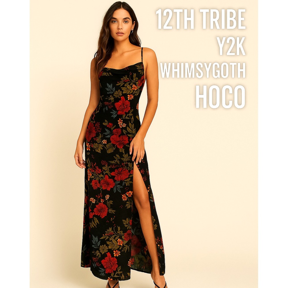 12th Tribe Black Floral Maxi Dress with Red & Green Print